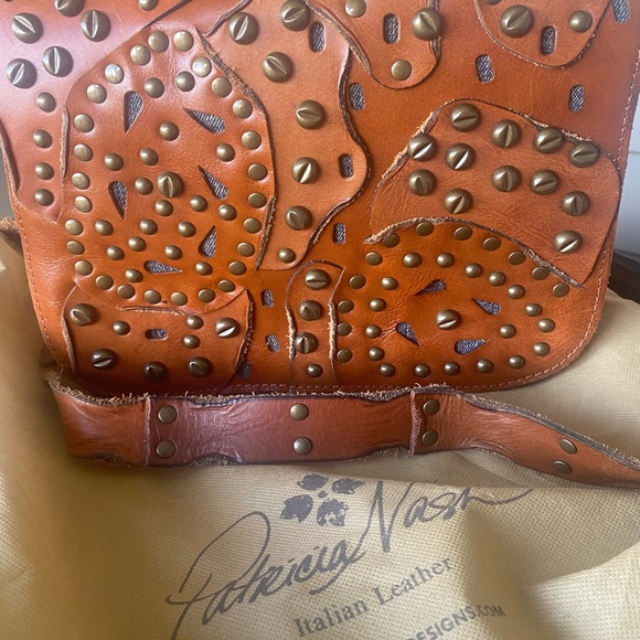 Patricia Nash Handbags - Patricia Nash Tan Italian Leather Studded Messenger Bag with Denim Accents